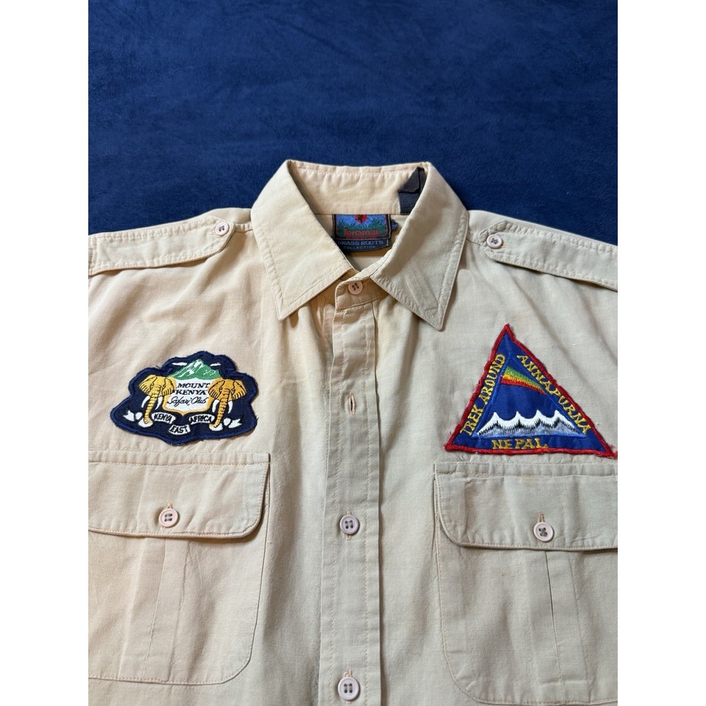 Terramar Grass Roots Safari Guide Shirt Mens Medium Khaki Africa Nepal Patches